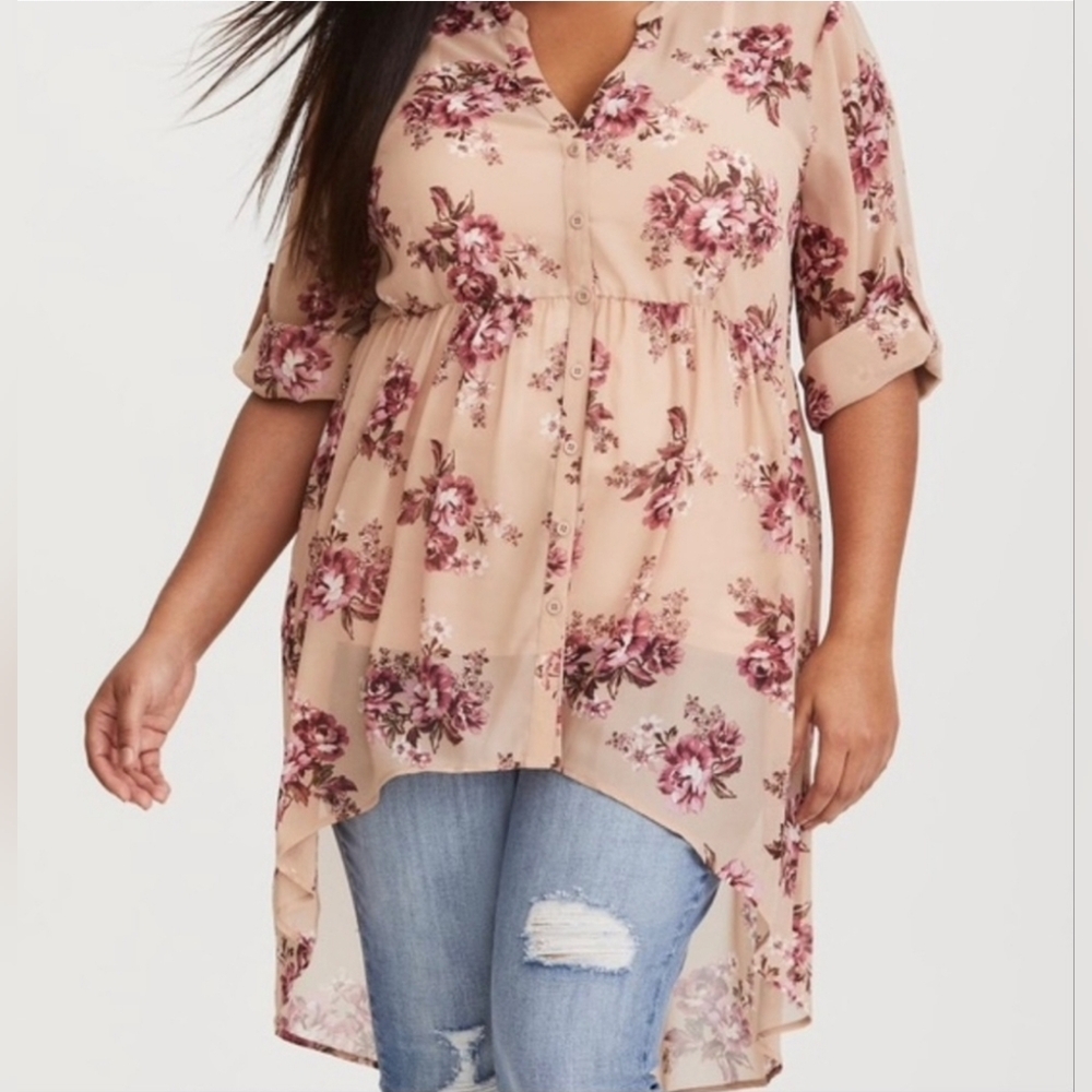 Torrid Size 1 Lexi Blush Floral Chiffon Babydoll High-Low Tunic